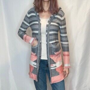 Tulle Kimono Cardigan Long Hooded Sweater Pockets M Med Medium Coral Black White